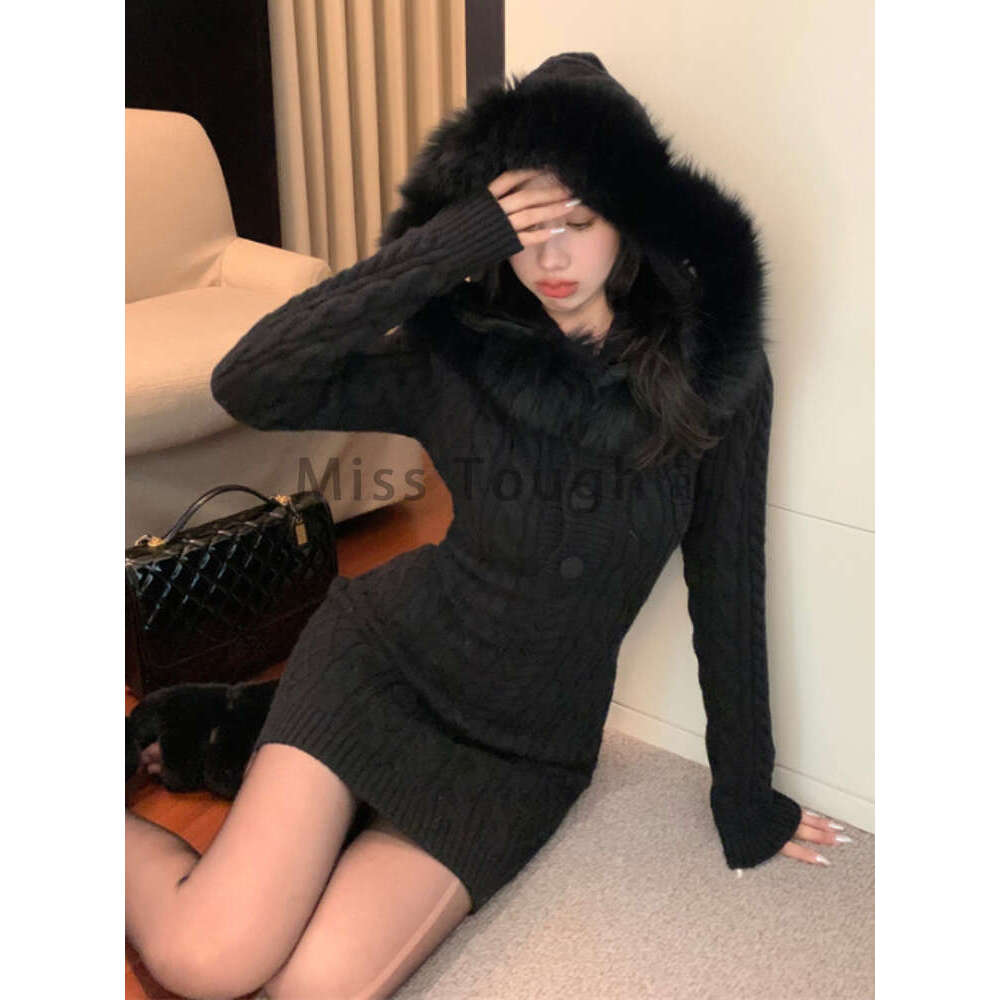 Christmas Red Elegant New Sweater Women Slim Fur Patchwork Hooded Knitted Dress Female Korean Fashion Casual Warm Clothes 2024