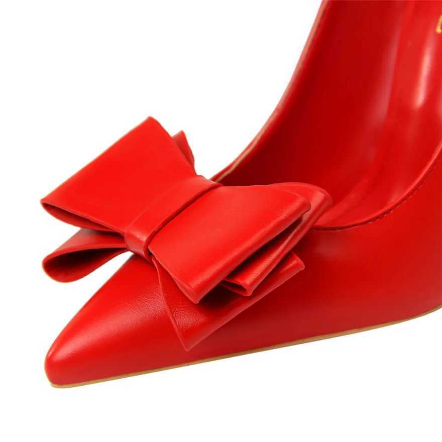 High Quality Bigtree Red Blue Black Shoes Bow Sweet Womens Pump Soft Leather Dot Toe Womens High Heels Stiletto High Heels Dress Office Womens Shoes T