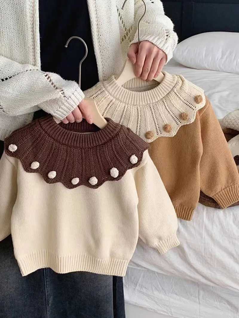 Autumn winter young girl sweater thick cotton wool long sleeved girl latte art casual ball collar knitted for preschool girls W241025