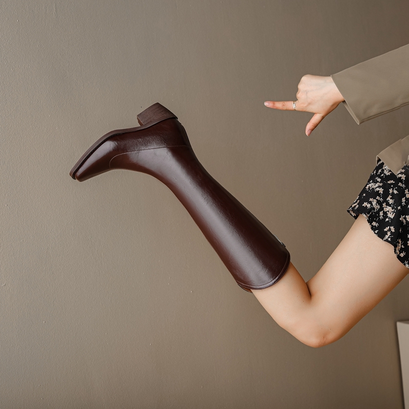 Kaky's New Square Head Mid Heel Genuine Leather Cowhide Women's High Sleeve Long Western Boots