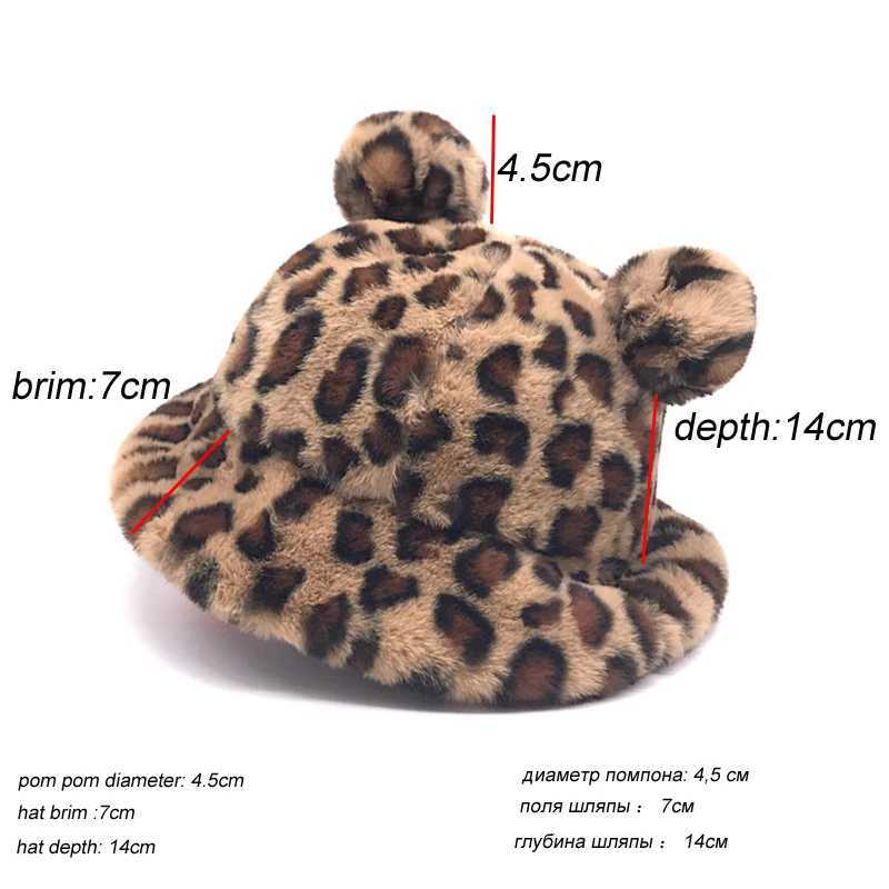 Winter Fashion Cute Leopard Bear Ear Bucket Hat For Women Thick Warm Faux Fur Furly Fisherman Cap Outdoor Protection Soft PanamaX241025