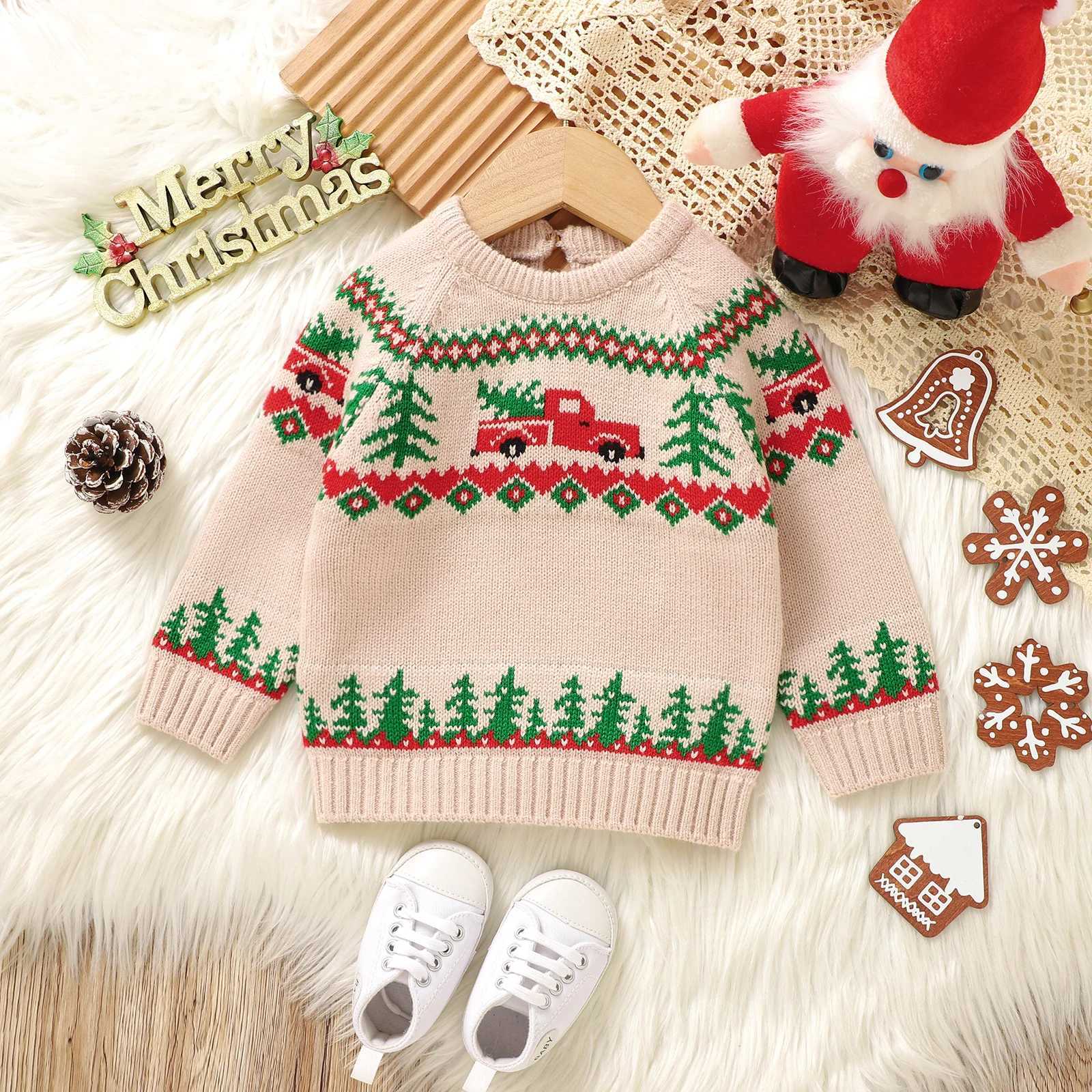 FOCUSNORM 0-3Y Baby Boy Christmas Sweater Long Sleeve Round Neck Christmas Tree Embroidered Knitted Floral Top W241025