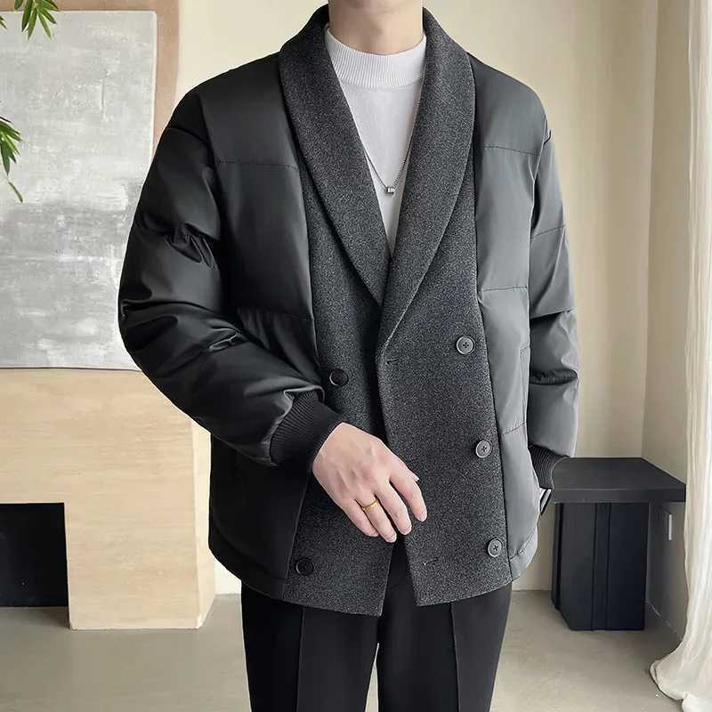 Mens winter wool splicing cotton pad business casual thick warm jacket Korean streetwear fashion Parkas jacket W241024