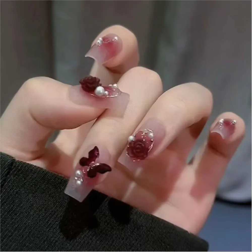 24pcs Grape Purple Blush Press On Nails Medium Coffin Fake Nails With 3D Camellia Butterfly Design Stick On Nails False Nail TipXJ241025