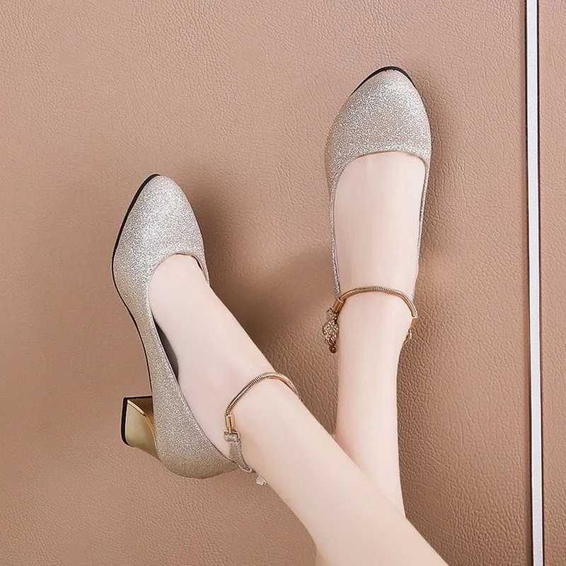 High Quality Womens Wedding High Heels Sier Blue Spring Ankle with Crystal Shallow Block High Heel Pump Women Plus Size T241024