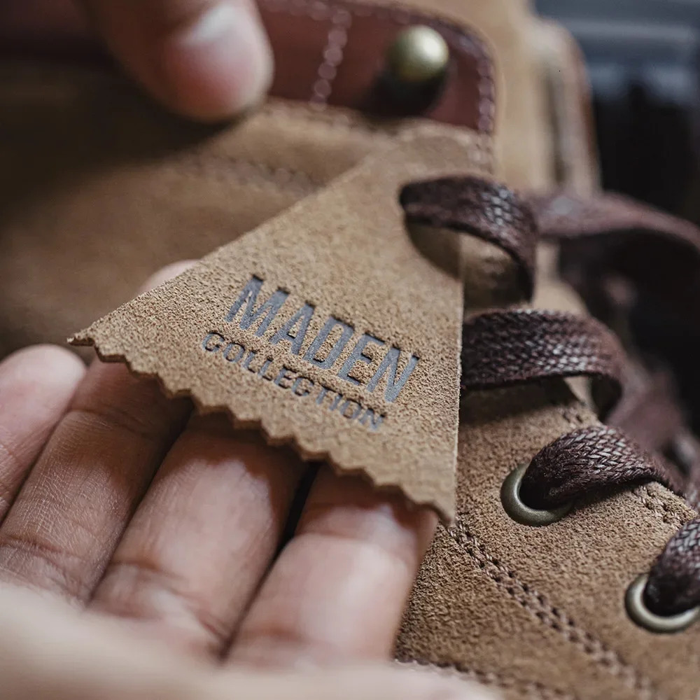 Maden autumn and winter mens mid top work boots round foot flat shoes retro outdoor shoes wear-resistant rubber soles 241024