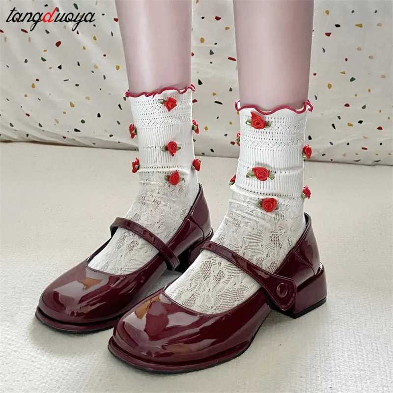 High Quality Red Mary Jane shoes womens thick high heels ankle buckles Lolita shoes female students French square shoes shallow single shoes T241024