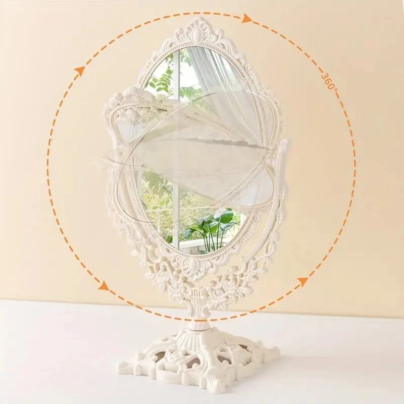 Women Desk Table Beige Vintage Makeup Oval Shape Thickened ABS Mirror European Desktop Double Sided Minimalist 241024