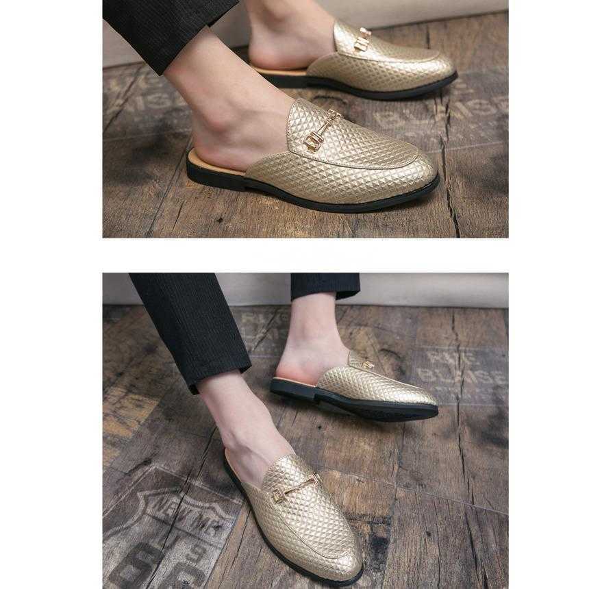 Men Dress Shoes Summer Breathable Half Slippers Mens Korean Version Casual Shoes Foot Lazy Cool Slippers Bean Shoes Small Leather Shoes 241009