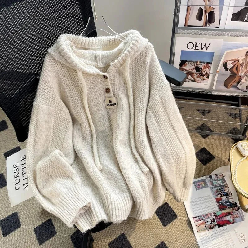 Korean Knitted Hooded Sweater Women Fall Winter Long Sleeved Warm Buttons Loose Pullover Solid Harajuku Lazy Sprots Sweatshirt 241021
