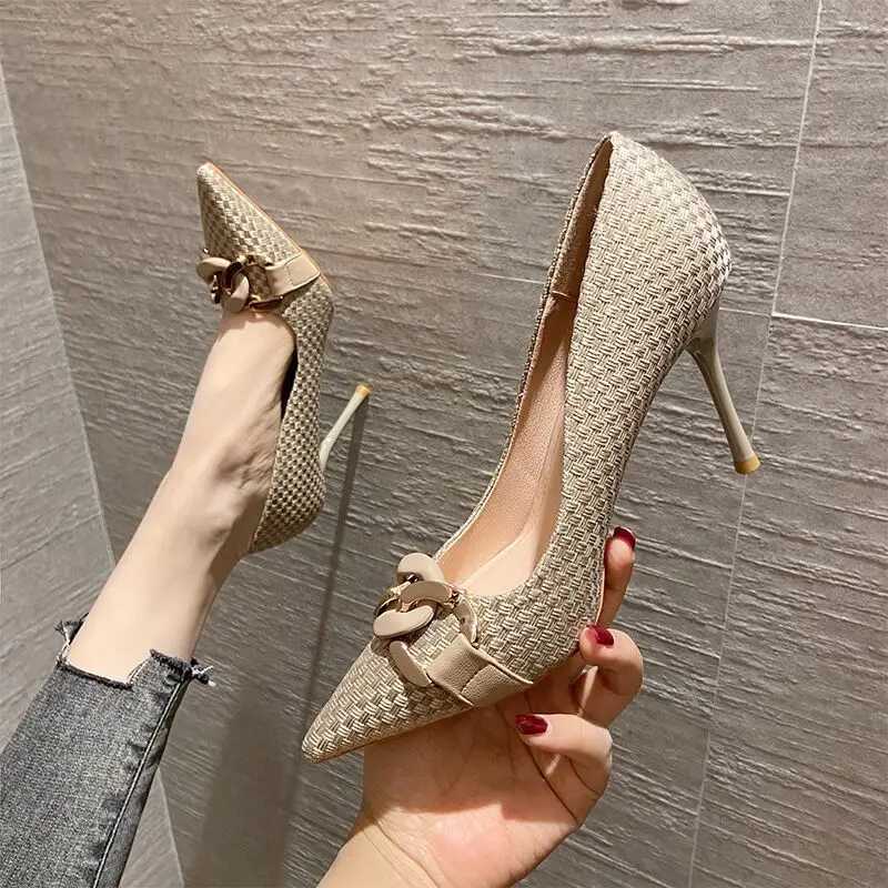 High Quality New Fi Pointed Toe Hemp Pump High Heels Womens Black Shoes Pointed Toe Wedding Dress T241024