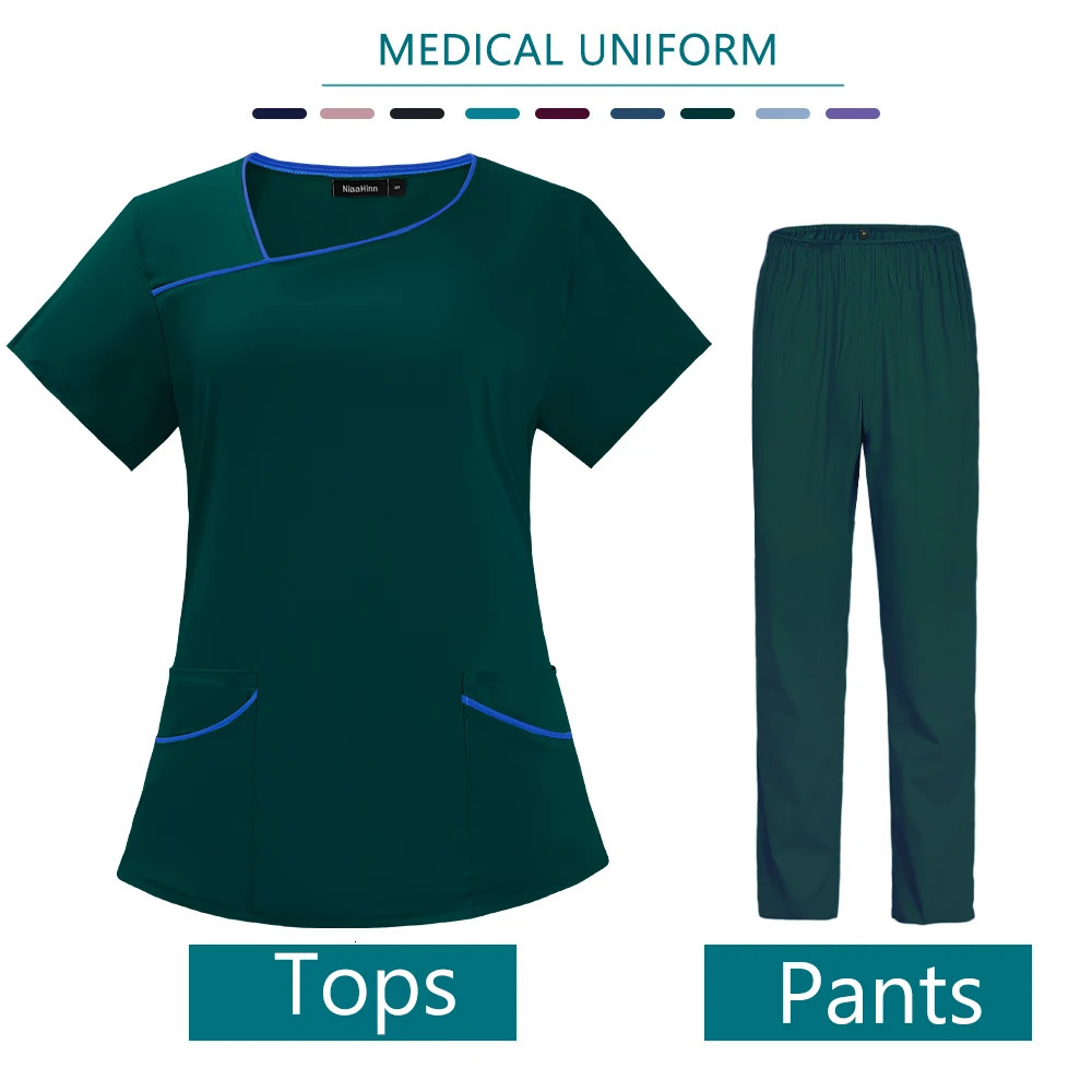 Womens Uniform Solid Color ShortSleeved Top Pants for Nurses Workwear Fashion Scrubs Suit Nurse Accessories 241017