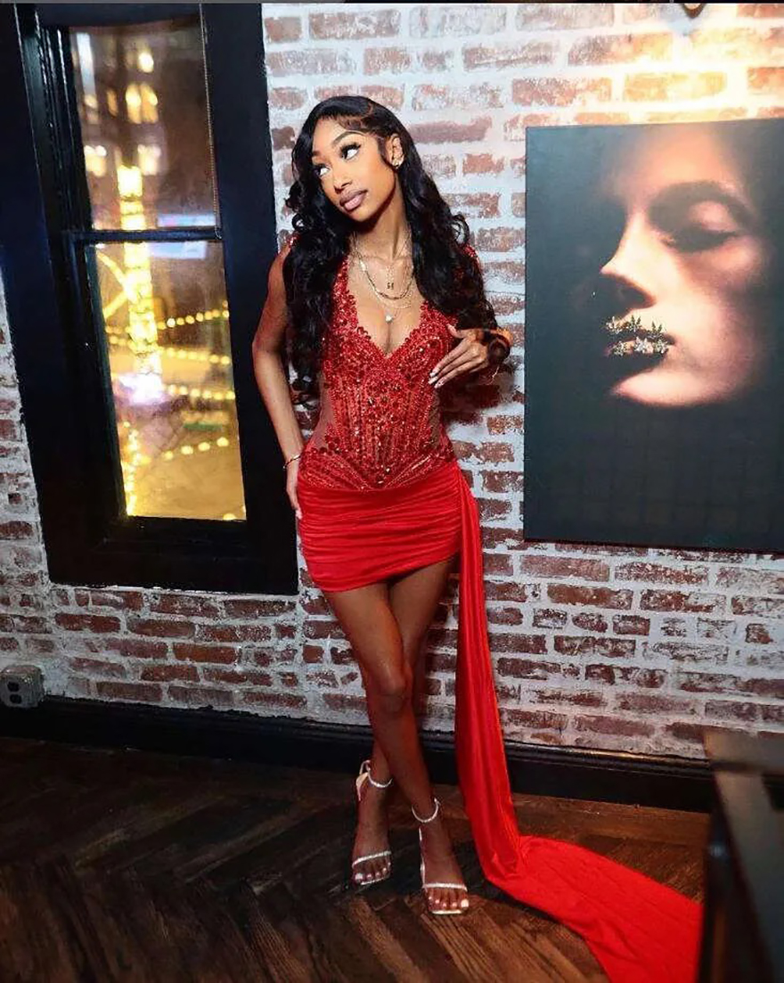 Red Sparkly Short Prom Homecoming Dresses with Side Train Diamond Crystal Birthday Party Gown vestidos de gala mujer