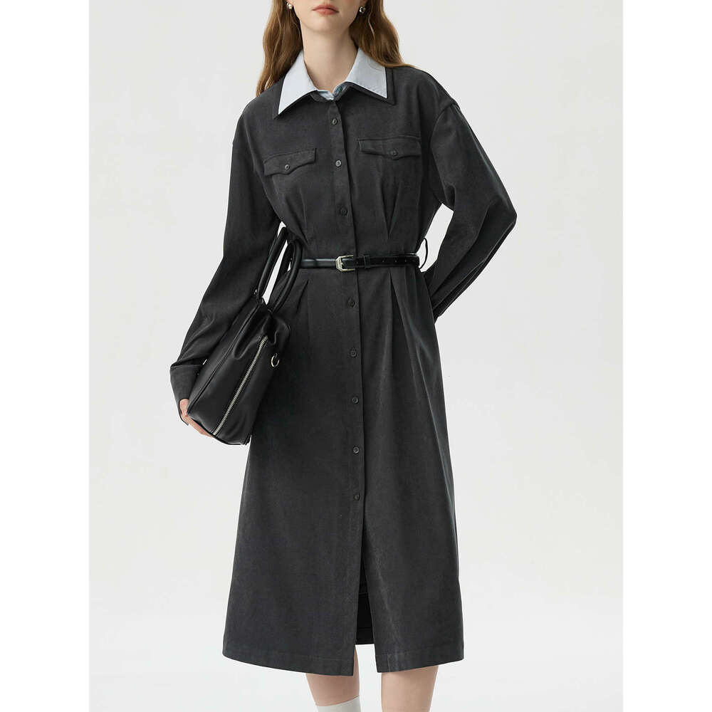 FSLE Women Winter Dress Fake Two Piece Patchwork Design Female Thicken Long Sleeve Dresses With Sashes 24Fs14613