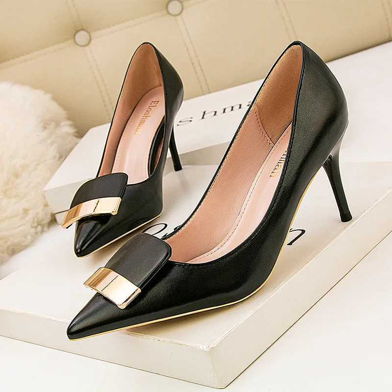 High Quality Womens soft leather toe wedding shoes autumn black womens pump high heels metal buckle Fi womens office shoes T241024
