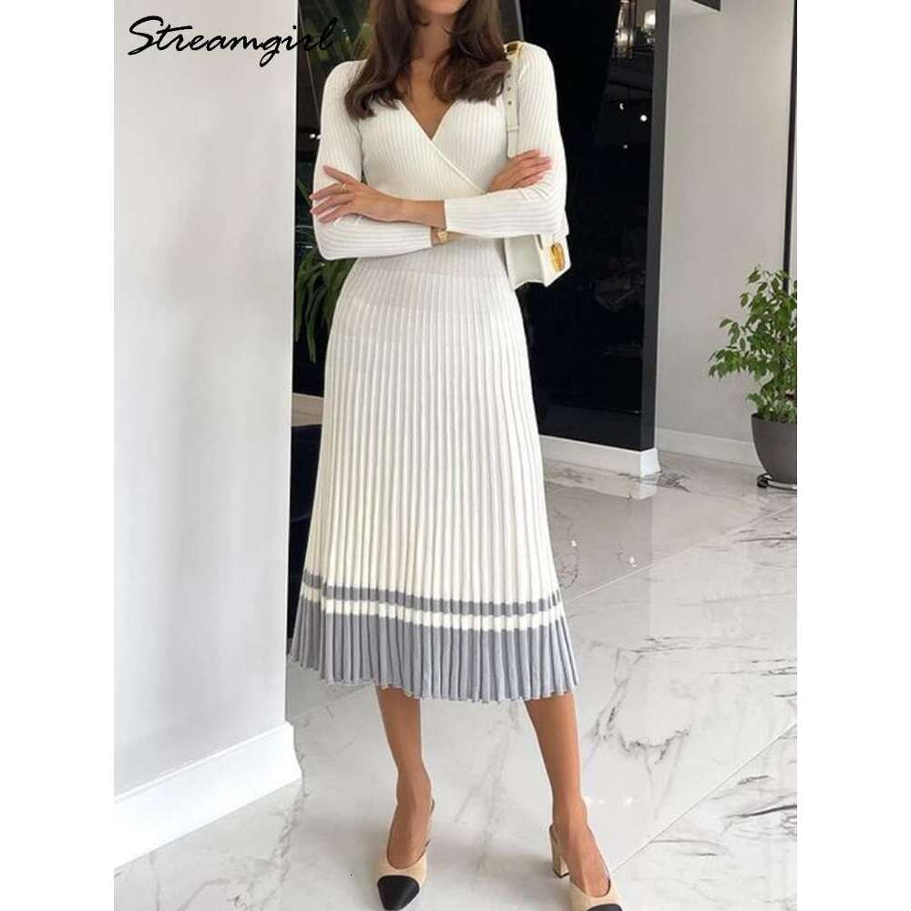 Pleated For 2023 Spring Autumn Sleeve Elegant Ladies Long Dresses V Neck Knitted Winer Women