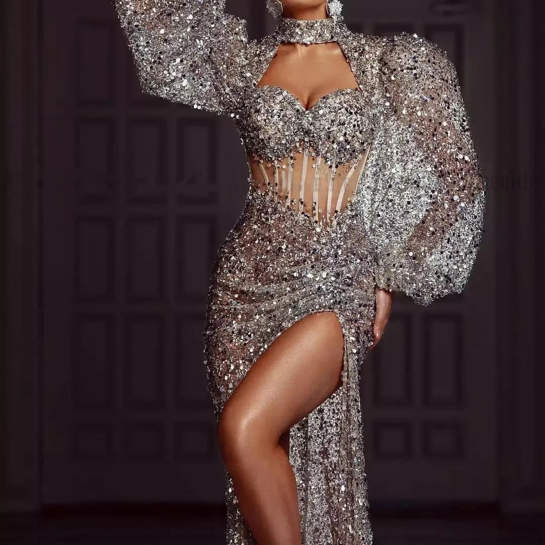 Glitter Sequined Prom Dresses Side Slit Sexy Long Evening Dress High Neck Lantern Sleeves Silver Gray Modern Special Occasion Gown For Women