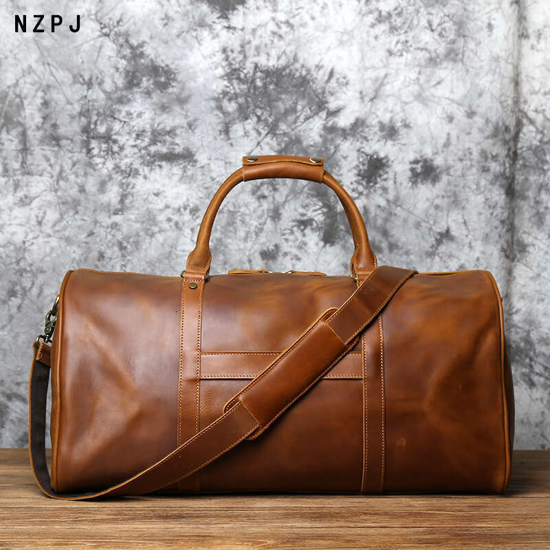 mens retro largecapacity travel crazy horse leather handbag top layer cowhide business trip shoulder bag