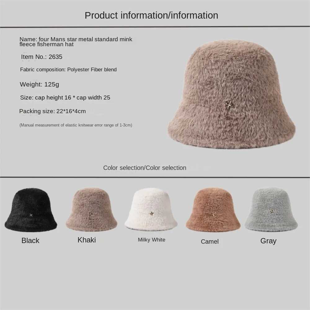 Hats Premium Exquisite Four Pointed Star Mink Velvet Bucket Cap Autumn Winter New Elegant Versatile Warm Fisherman HatsX241025