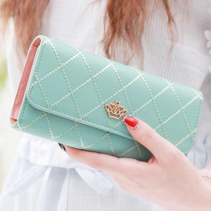 CMM New Womens Wallet Long Multifunctional Diamond Grid Crown Embroidered Three Fold Wallet for Women Large Capacity Mobile Phone Bag