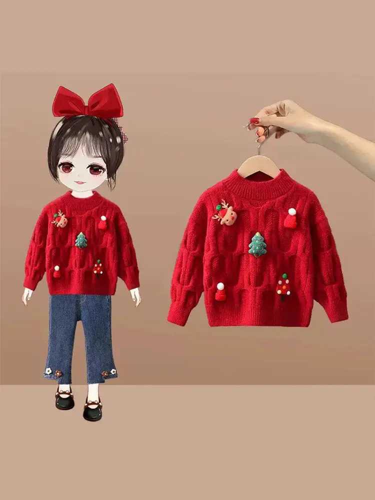 Girls Sweater Autumn/Winter 2024 New Collection Latest Childrens Winter Clothing Red Christmas Knitted Top W241025