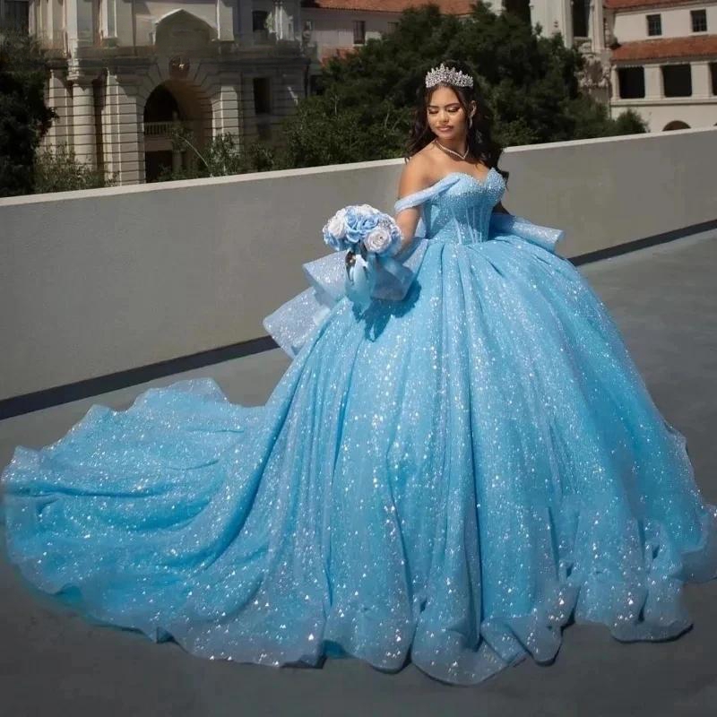 Shiny Quinceanera Dresses Ball Gown Off The Shoulder Beading Crystal Tull Corset Birthday Party Sweet 16 Vestidos De 15 Anos