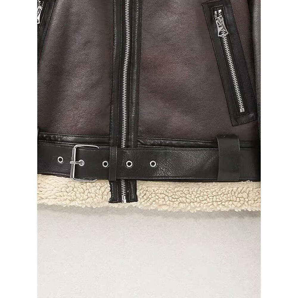 KAOPU ZA Women Faux Fur Trims Thick Warm Winter Double-Faced Biker Jacket Coat Vintage Long Sleeve Female Outerwear Chic Tops