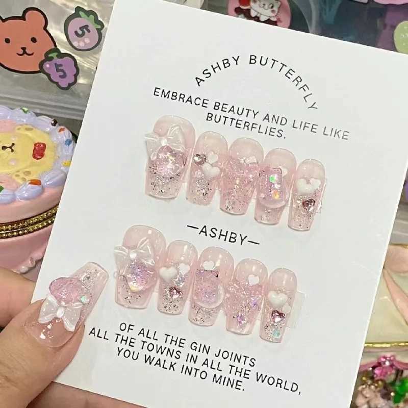 Nude Collection Handmade Fake Nails Simple Coffin Cute Nails 10Pcs High Quality Artifical Falsenails Press On Love Bow DecorXJ241025
