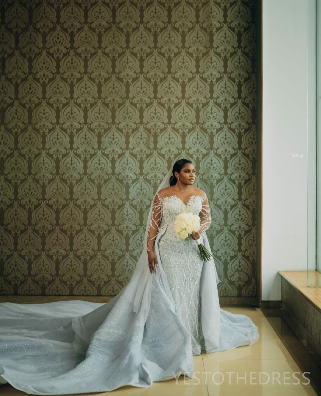 2024 Plus Size Aso Ebi Wedding Dress Bridal Gowns For Bride African Illusion Mermaid Long Sleeves Beaded Lace Luxurious Detachable Train Wedding Gowns