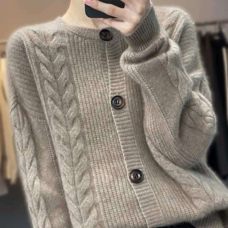 Spring 100 Pure Cashmere Sweater Coat Womens Loose Vintage Short Style Thickened Wool Knitted Cardigan 241021