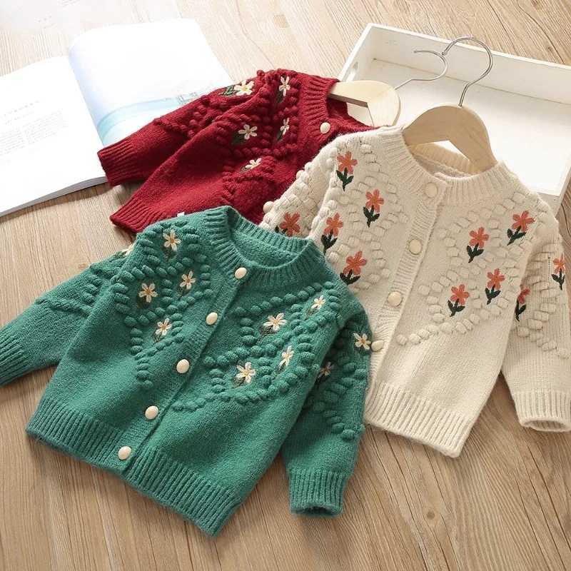 Girls autumn clothing sweet flower childrens sweaters embroidered knitted cardigans warm childrens jackets Korean baby clothing W241025