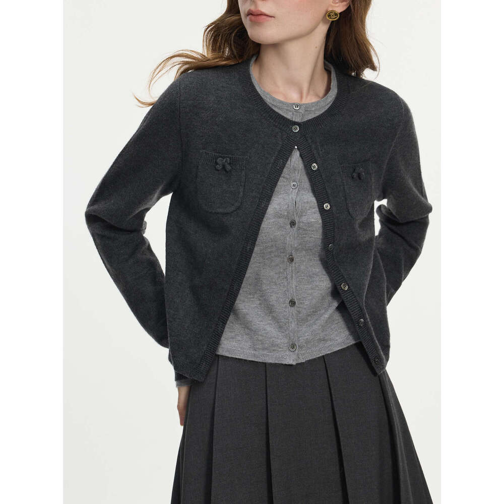 FSLE Women Grey Cardigans College Style Fake Two Piece Design Round Neck Sweaters Contrast Color Female Cardigan 24Fs14181