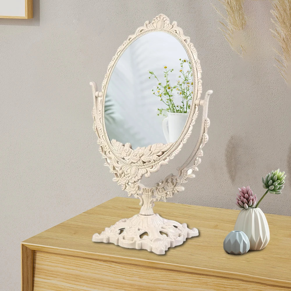 Women Desk Table Beige Vintage Makeup Oval Shape Thickened ABS Mirror European Desktop Double Sided Minimalist 241024