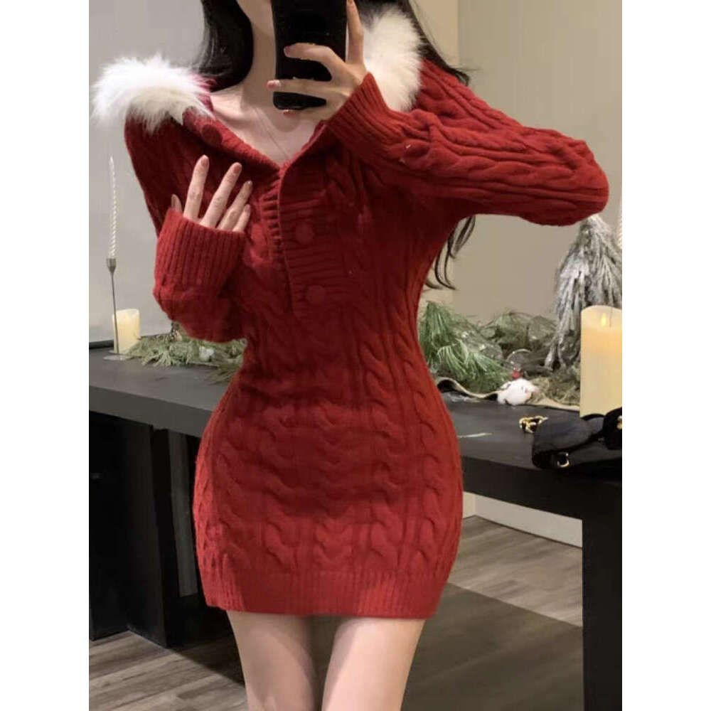 Christmas Red Elegant New Sweater Women Slim Fur Patchwork Hooded Knitted Dress Female Korean Fashion Casual Warm Clothes 2024
