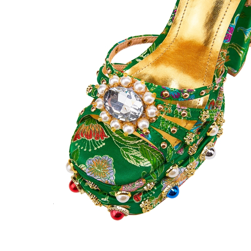 Women's New Summer Sandals Waterproof Platform Thick Bottom Water Dia Pearl Rivet Wer Satin Open Toe High Heel Large