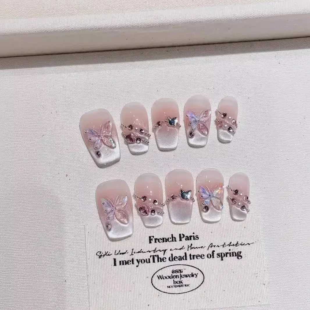 10Pcs French Ballerina Handmade Press on Nails Pink Cat Eye Fake Nails Wearable Stick-on Nails Full Cover False Nail Uas XJ241025