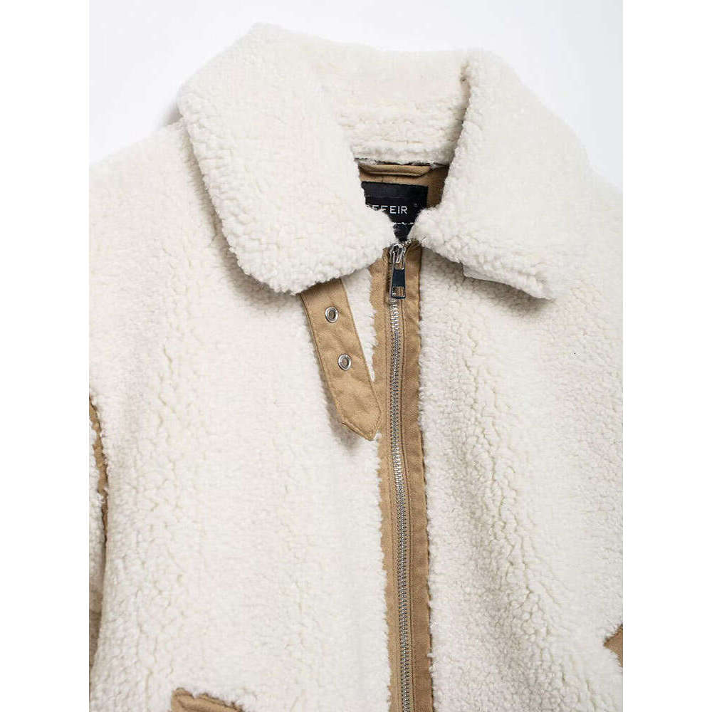 TRAF 2024 Winter Women Lamb Fleece Jacket Lapel Zipper Contrast Color Integrated Overcoat Versatile Warm Thickened Coat