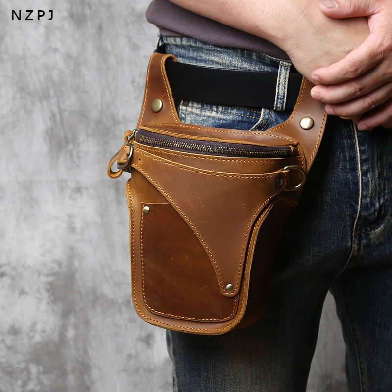 vintage genuine waist natural cowhide outdoor motorcycle mens crazy horse leather mobile phone bag
