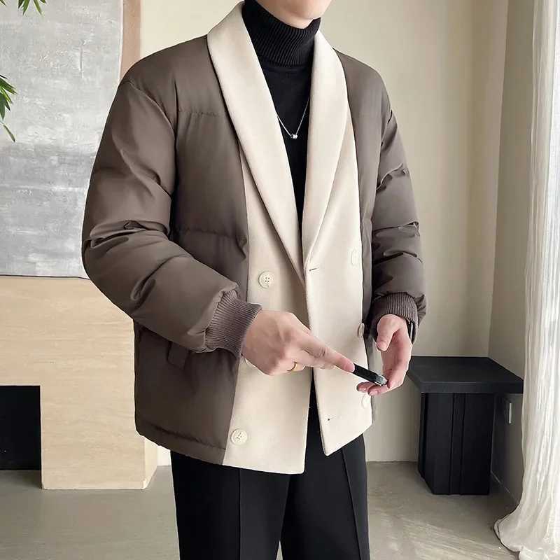 Mens winter wool splicing cotton pad business casual thick warm jacket Korean streetwear fashion Parkas jacket W241024