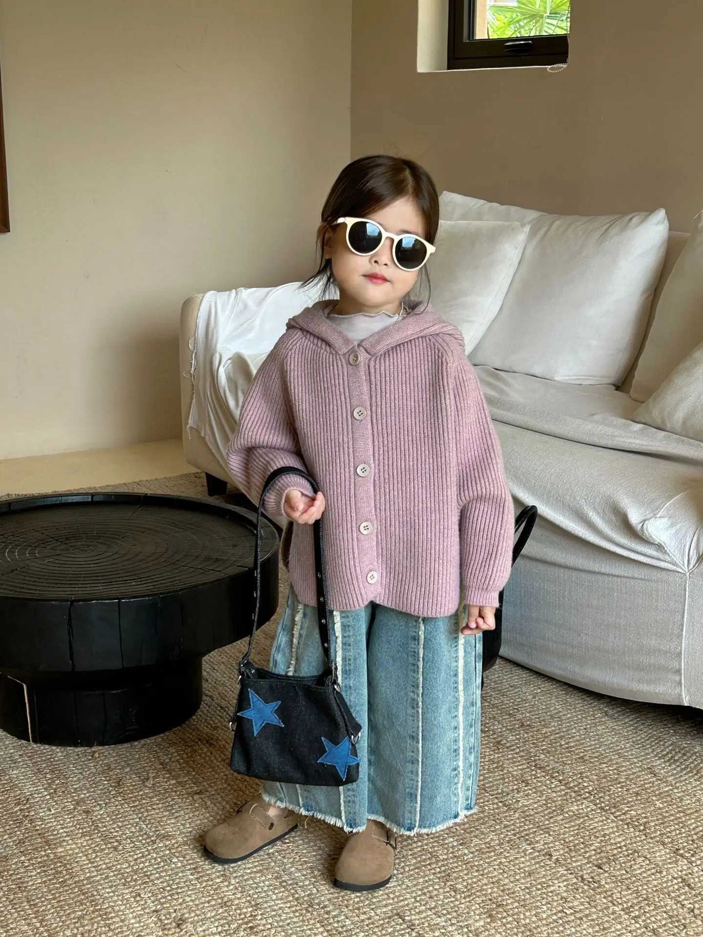 Purple sweater autumn new childrens clothing Korean girls solid color hooded sweatshirt cape style simple open seam 2024 stripes W241025