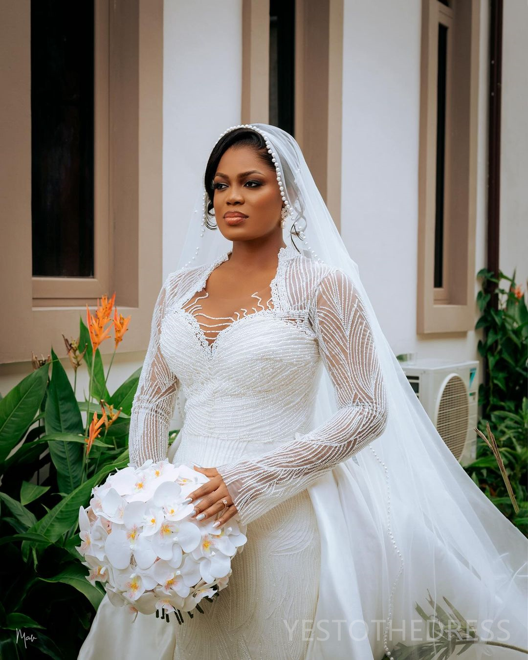 2024 Plus Size Aso Ebi Wedding Dress Bridal Gowns For Bride African Illusion Mermaid Long Sleeves Beaded Lace Pearls Detachable Train Wedding Gowns Fo