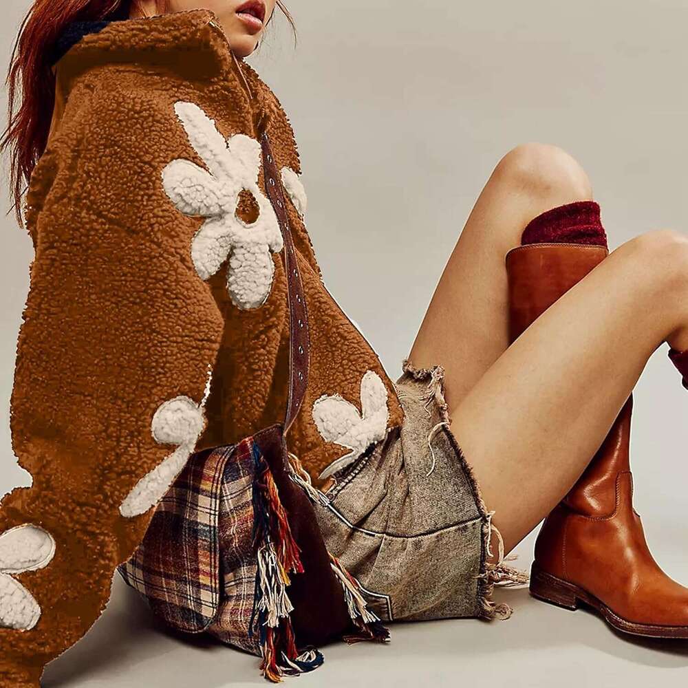 Womens Ral Print Sherpa Fleece Jackets Winter Zipper Cropped Coat Casual Long Sleeve Outwear With Pockets