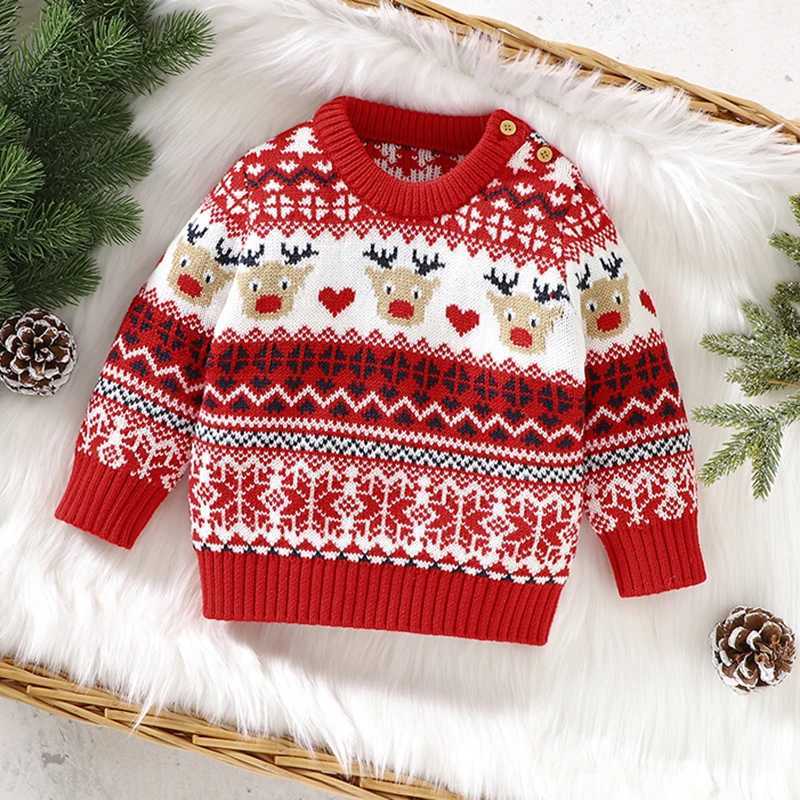 New Baby Christmas Sweater Deer Snow Print Cartoon Baby Christmas New Year Childrens Clothing Autumn Winter Childrens Knitted Clothing W241025