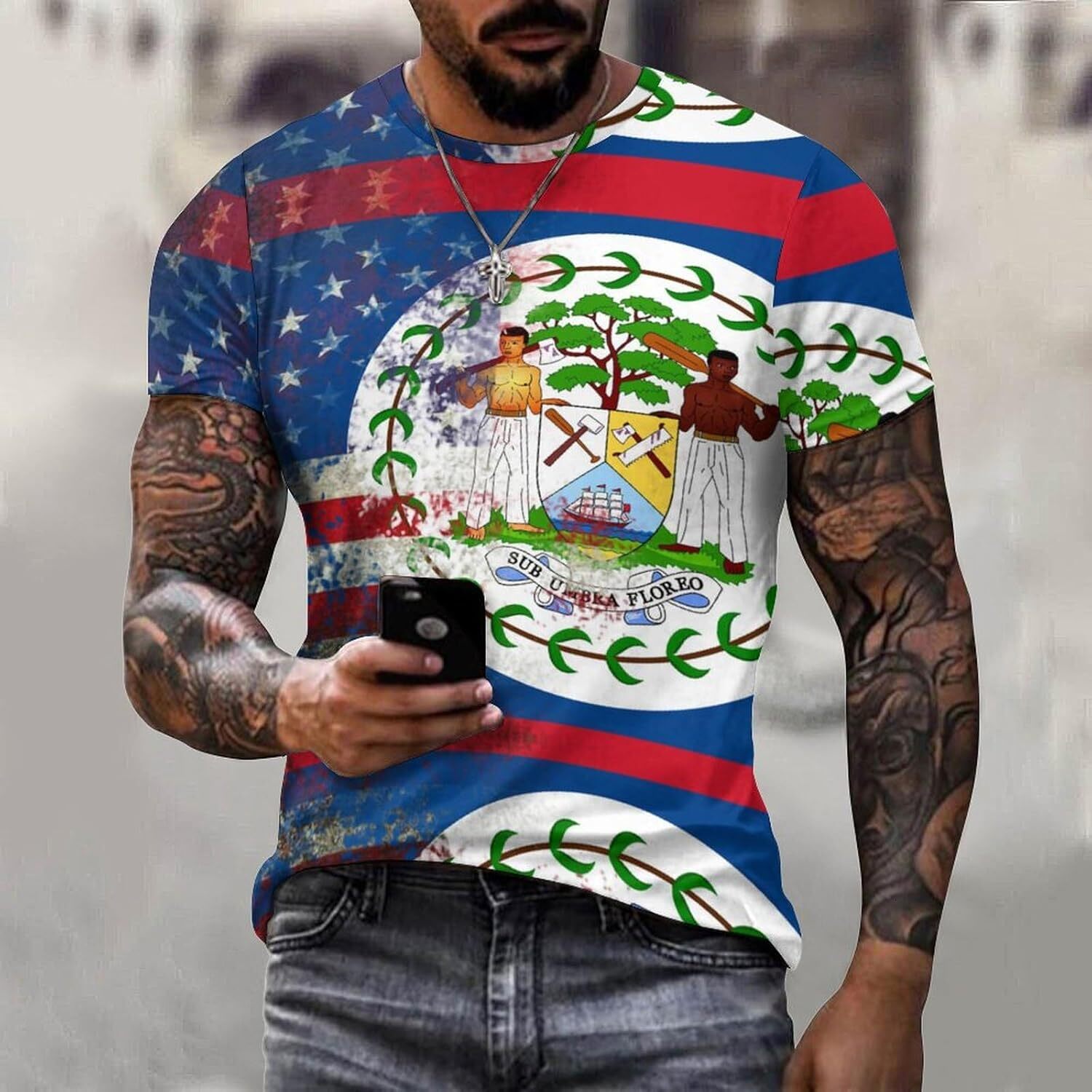 Mens T shirt Retro American Flag of Belize Cotton T-Shirt 3D Printed Casual Shirt Men's All-in-one fashion Crew Neck T-Shirt tee Casual tops summ