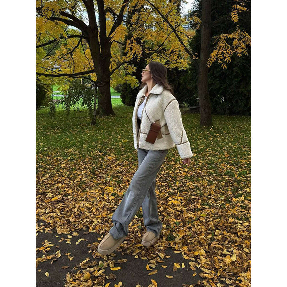 Women Adjustable Double Pockets Long Sleeve Plush Coats Fashion Patchwork Lapel Zipper Lamb Wool Jacket 2024 Winter Lady Outwear