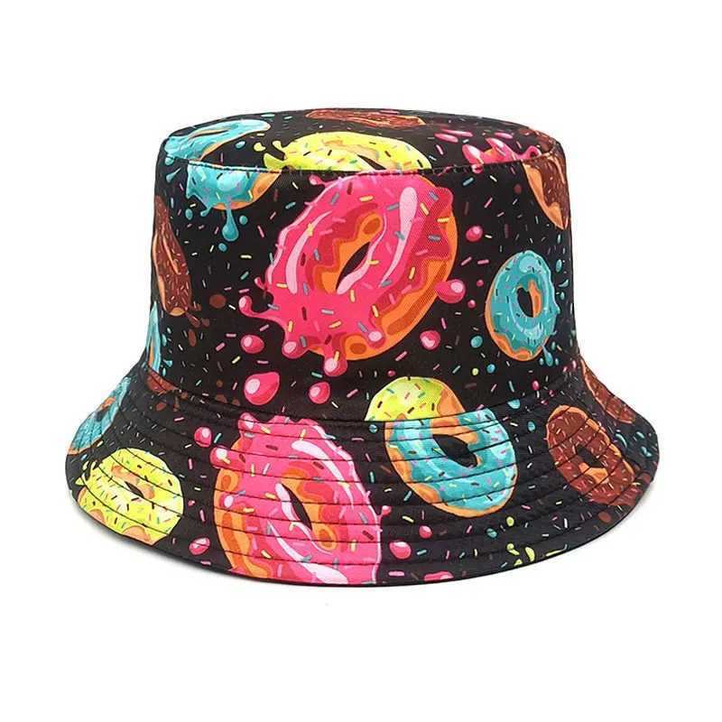 2023 Four Seasons Cotton Cartoon Donuts Print Bucket Hat Fisherman Hat Outdoor Travel Sun Cap for Men and Women 226X241025