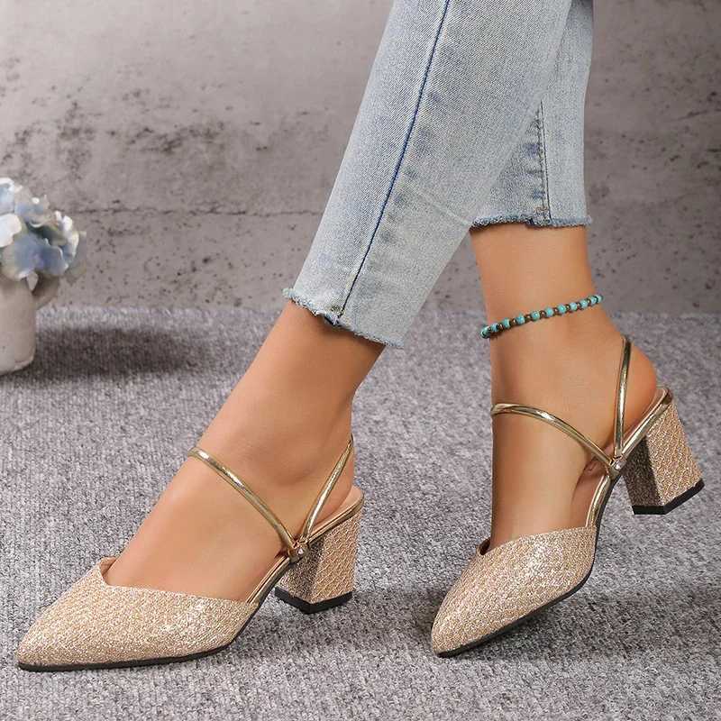 High Quality Golden Sier Bling High Heel Pump Womens Fi Strap Slide - Party Shoes Womens Pointed Toe Slide Thick High Heels T241024