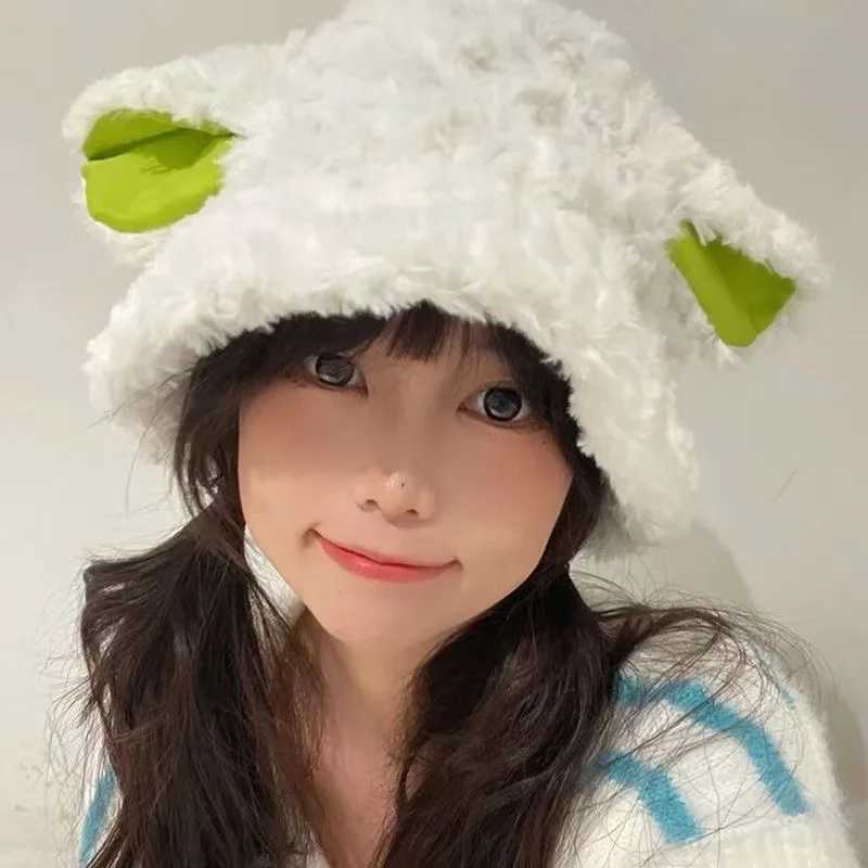 FLuffy Lamb Ear Bucket Hat Cute Sheep Ears Faux Fur Plush Beanies Winter Soft Warm Caps Women Outdoor Warm Panama Fisherman HatsX241025