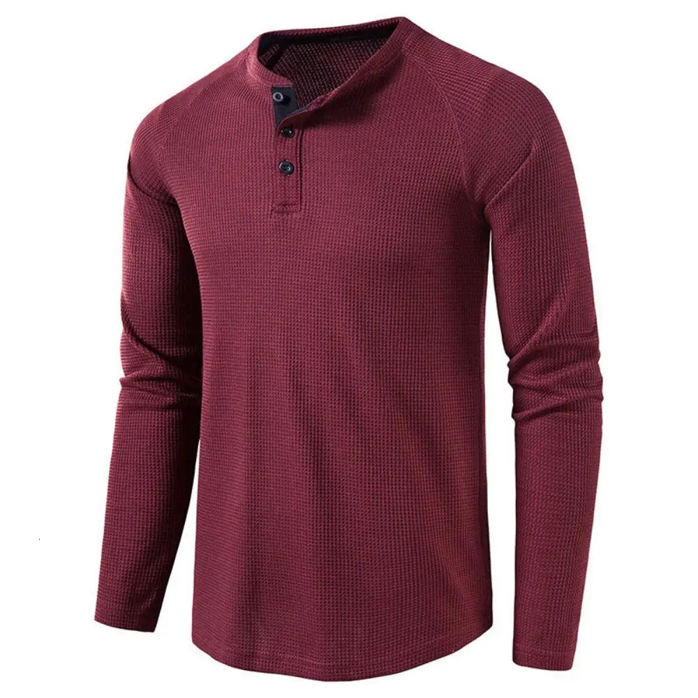 Mens Grey Waffle Mens Henley Shirt Casual Solid Breathable High Quality Shirts Regular Fit Long Sleeve Basic Tops Tees Homme 241024