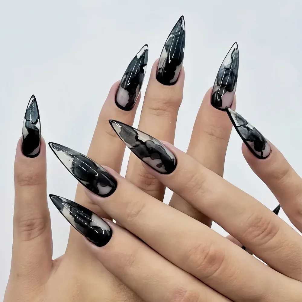 24Pcs False Nails Spicy Girl Silver Bow with Diamond Fake Nails with Glue Almond Press on Nails Black Cool Y2k Almond Nail SetXJ241025